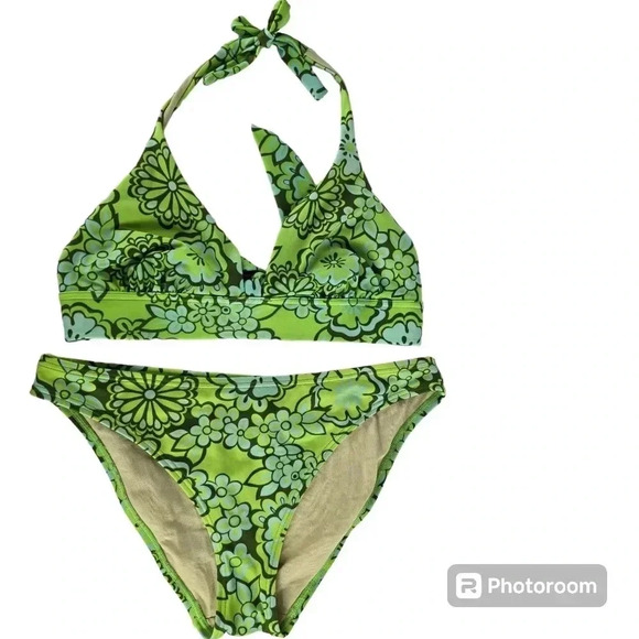 Victoria Secret Green and Blue Floral Flower Power Tie Neck Bikini Bathing Suit - Picture 1 of 9